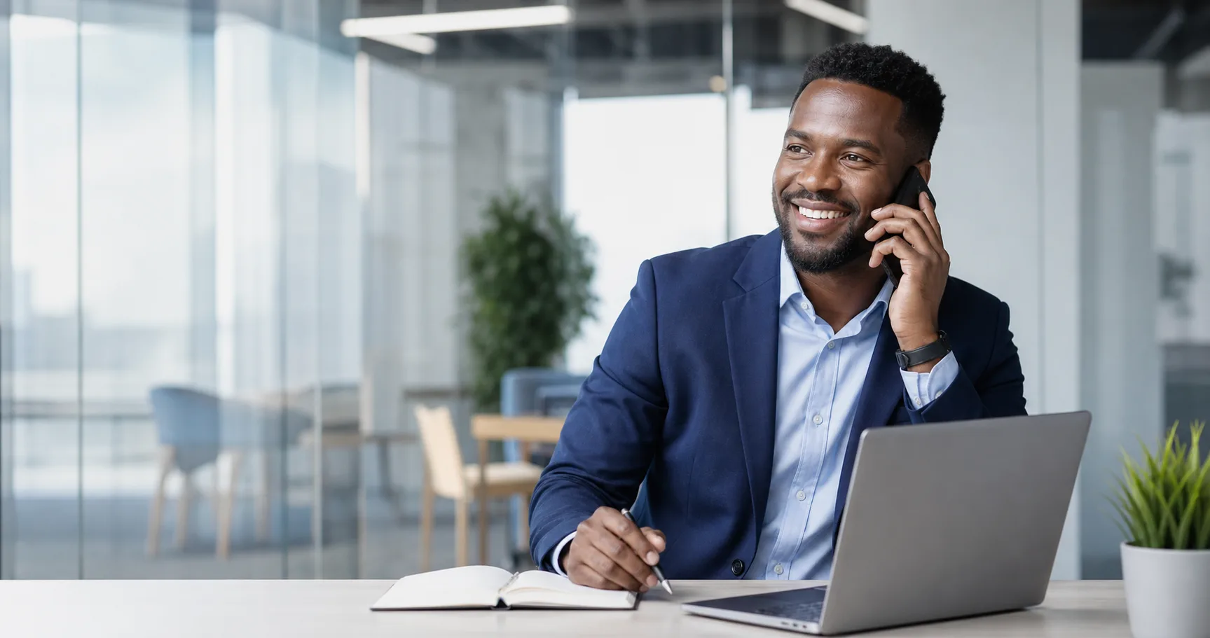 Friendly business professional working at a desk in a modern office