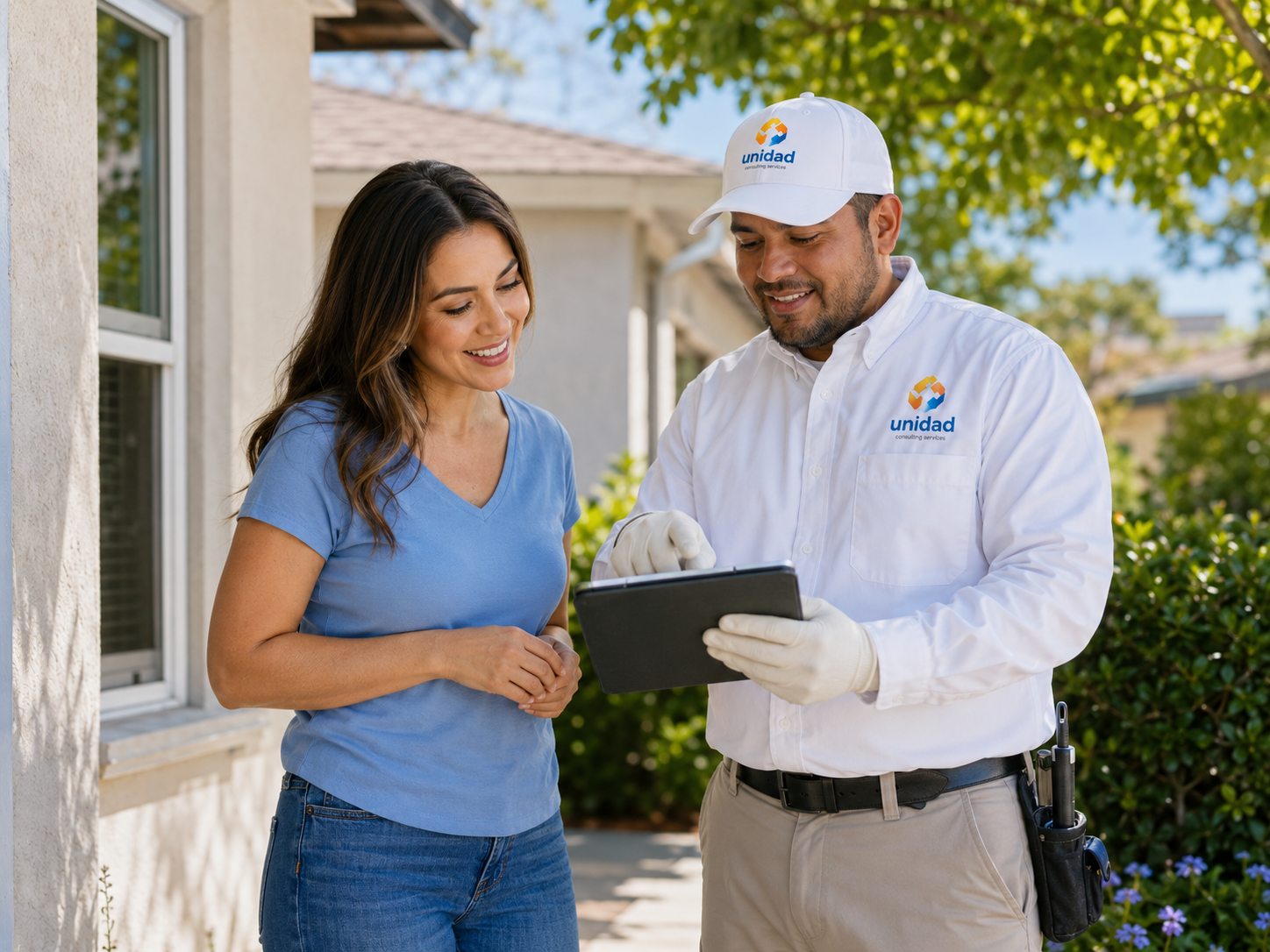 Unidad specialist reviewing follow-up advice with a homeowner on a tablet