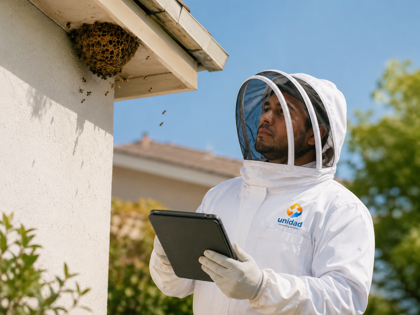 Protected Unidad specialist inspecting a roof hive while preparing the removal plan