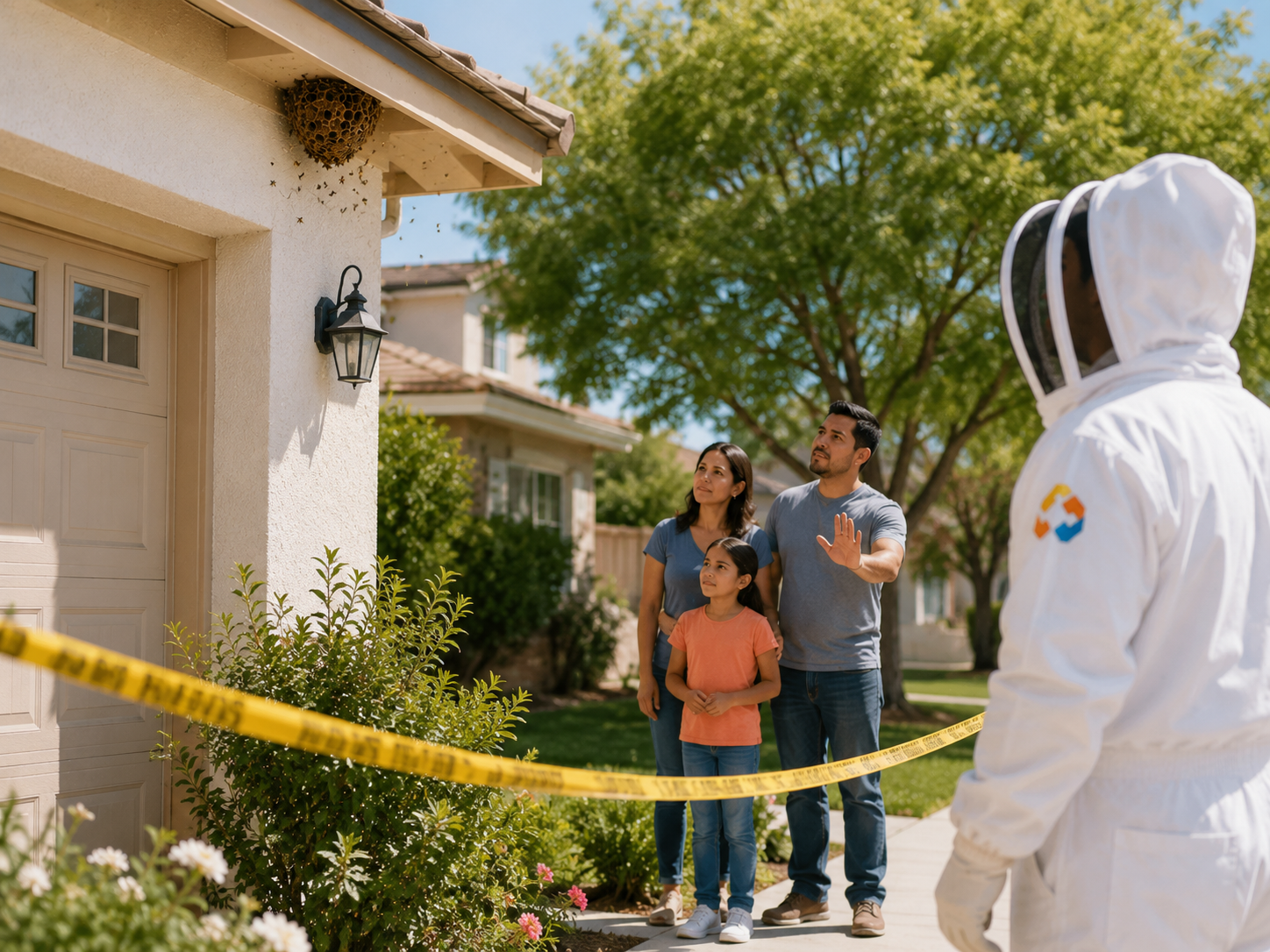 Family keeping a safe distance behind a barrier while a Unidad bee specialist assesses a hive