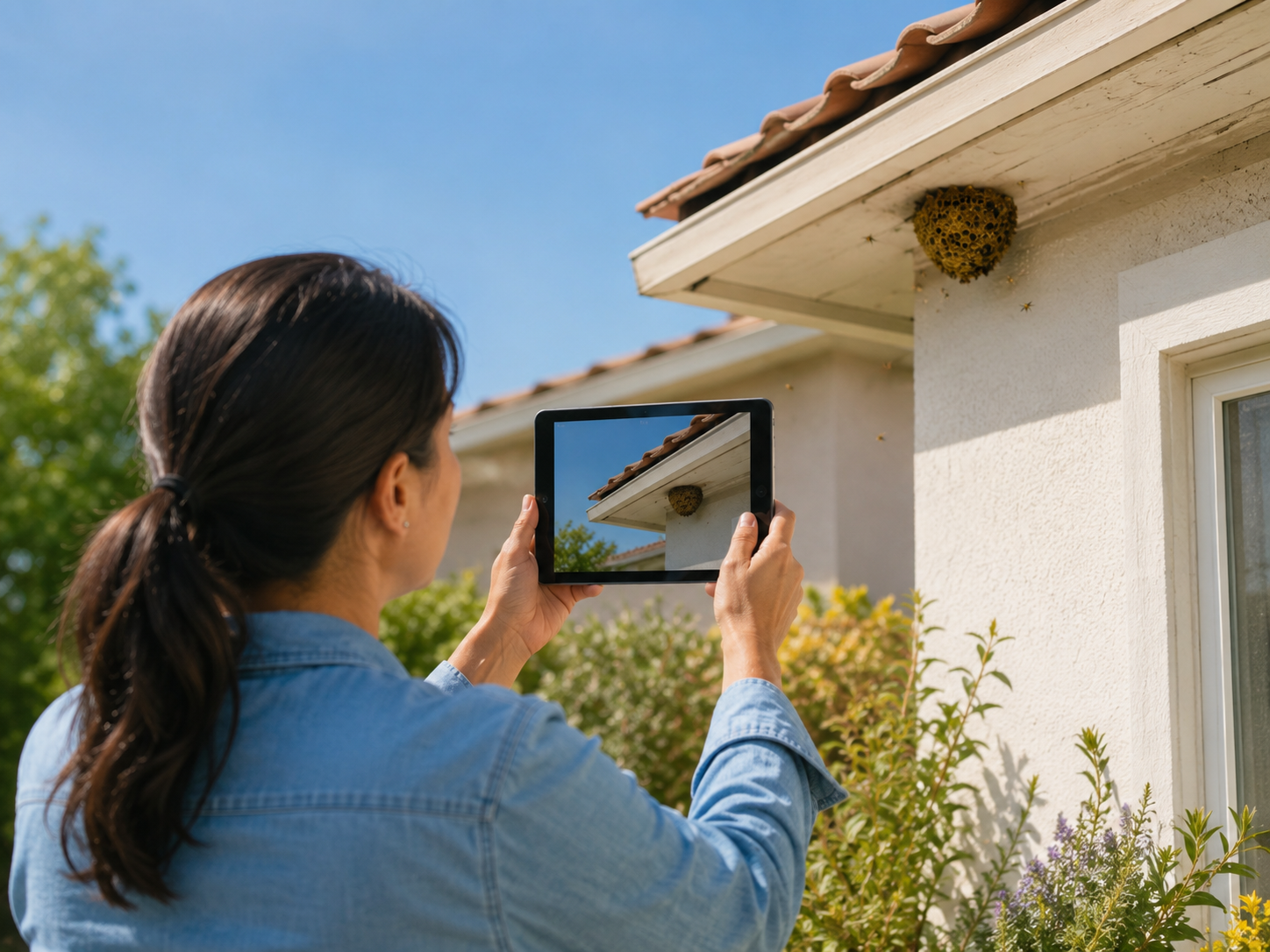 Homeowner safely photographing a bee nest beneath the roof to send reference details