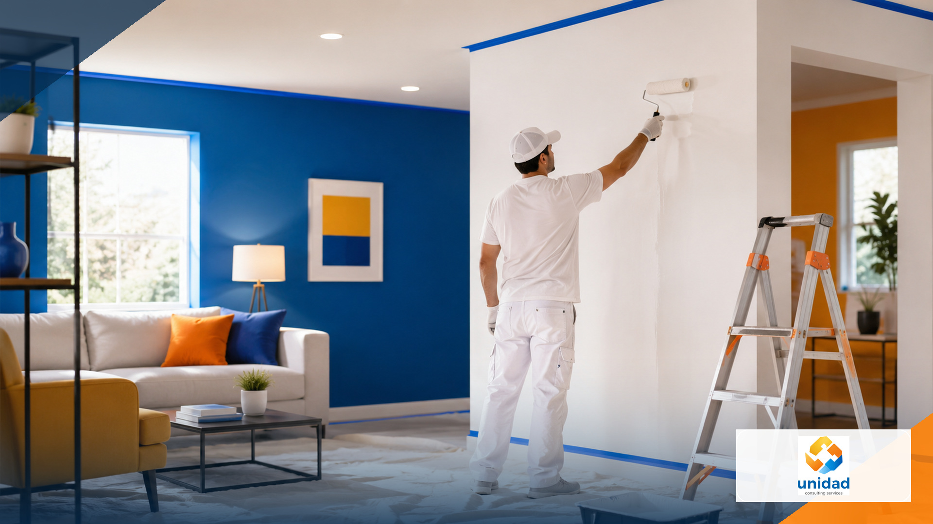 Freshly painted blue feature wall in a modern living room