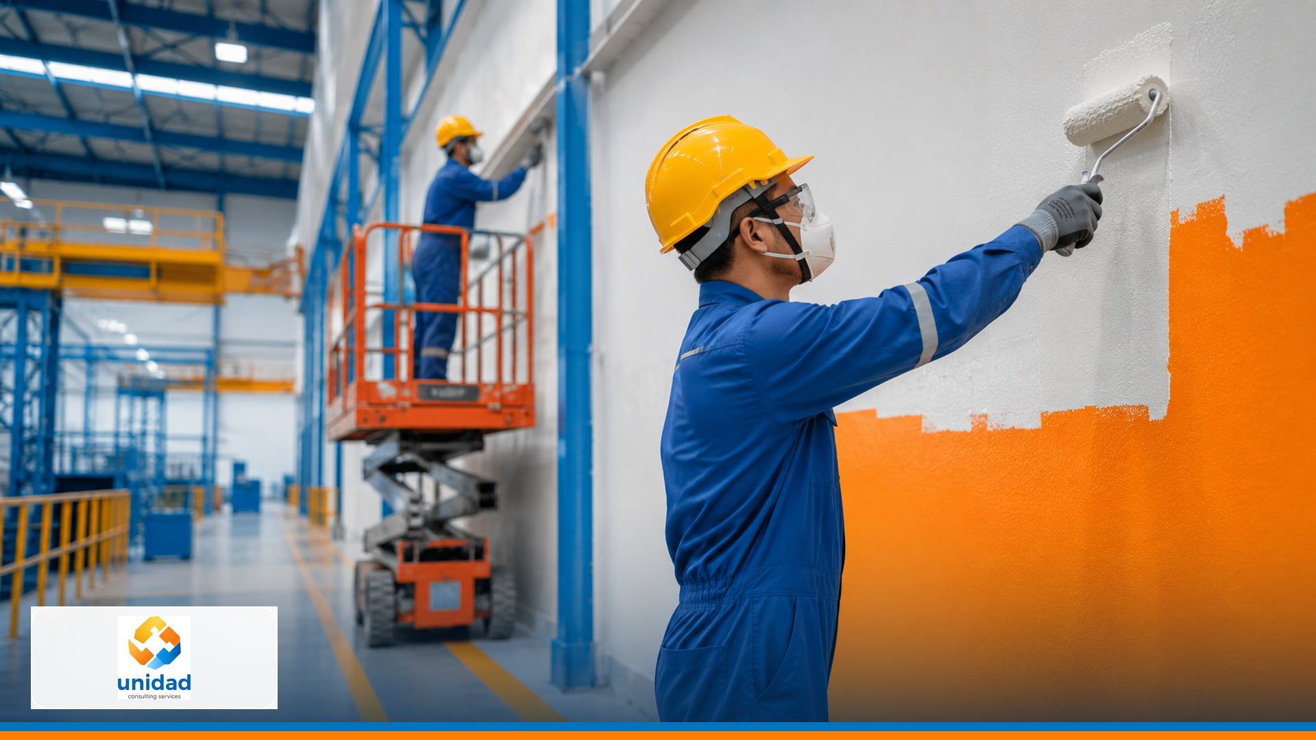 Professional painter applying a clean industrial wall finish
