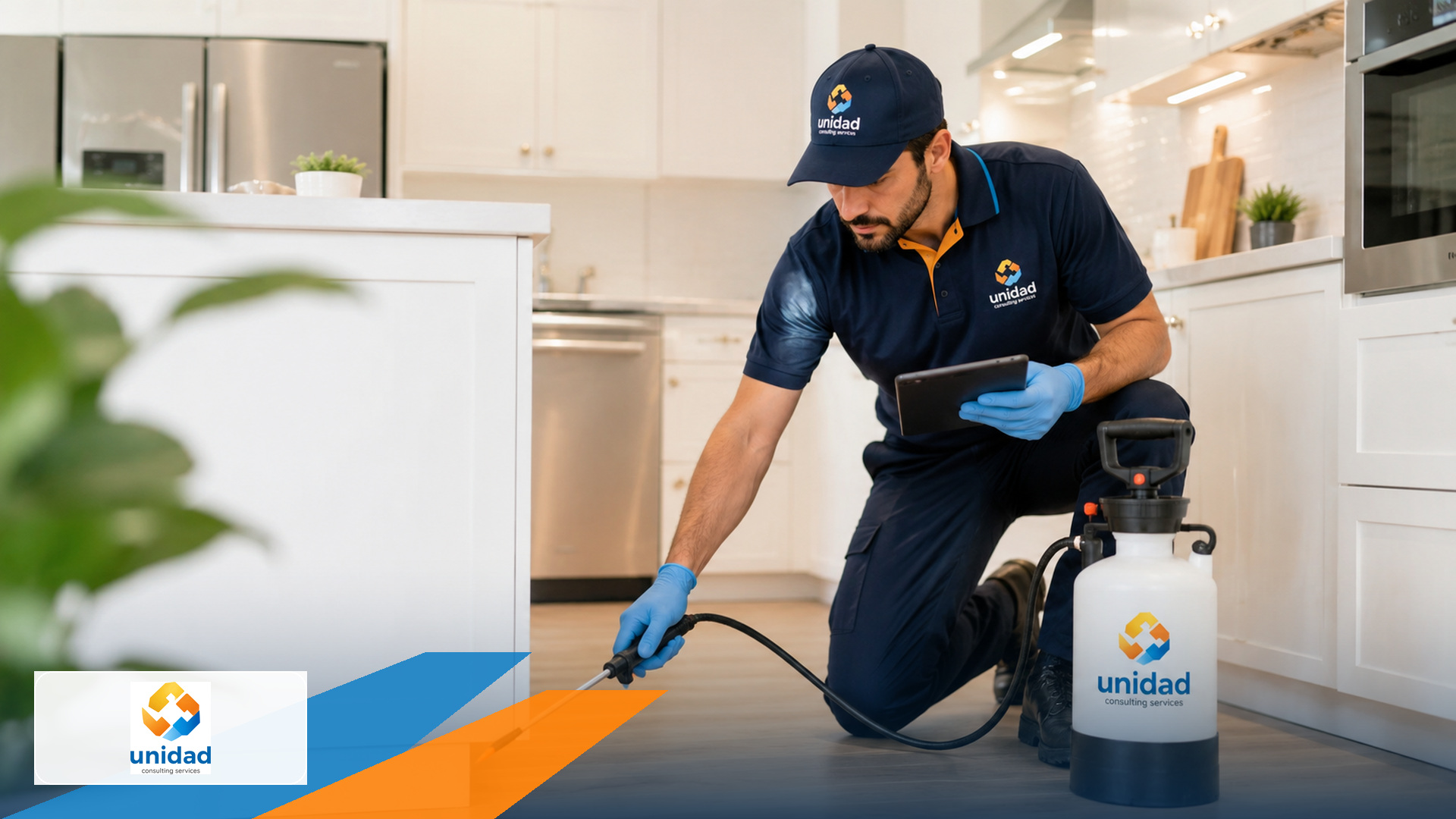 Pest-control technician preparing a kitchen treatment area