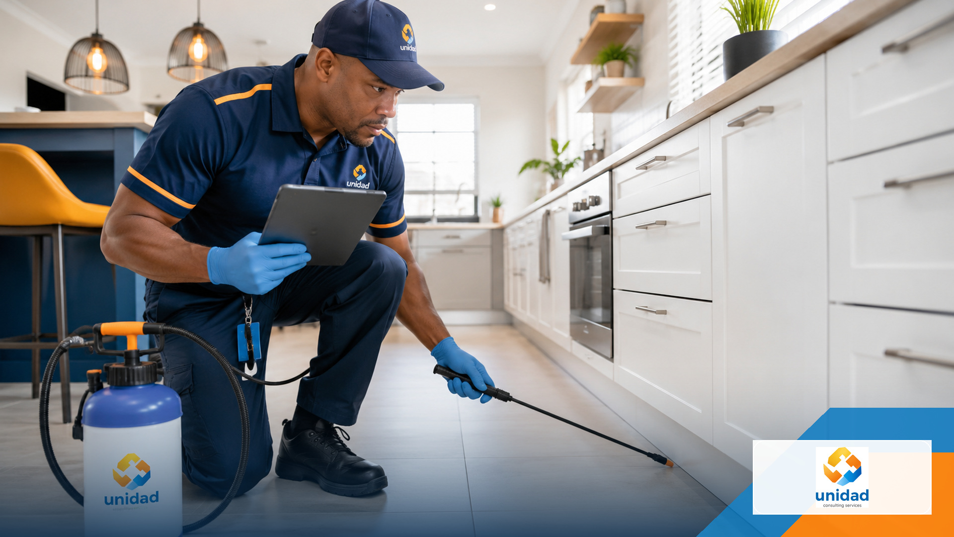 Pest-control technician inspecting a residential kitchen floor