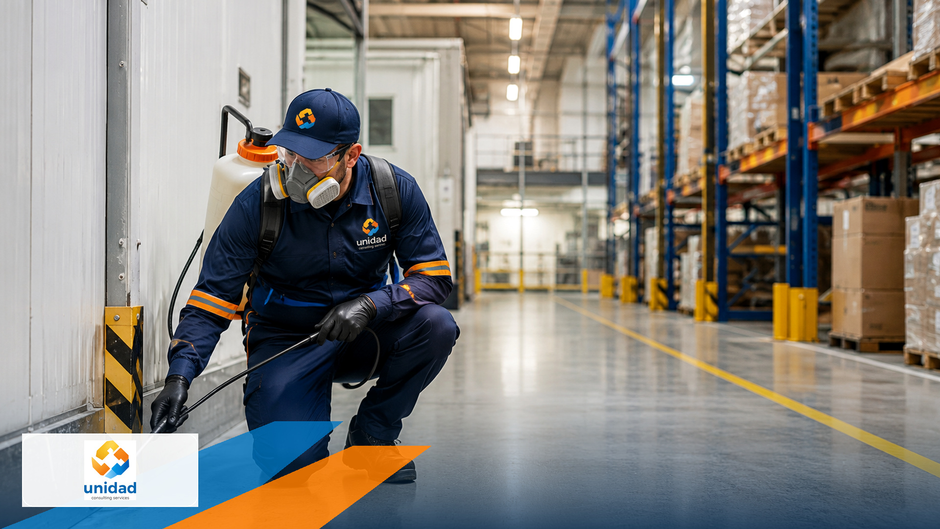 Protected pest-control technician inspecting a commercial warehouse