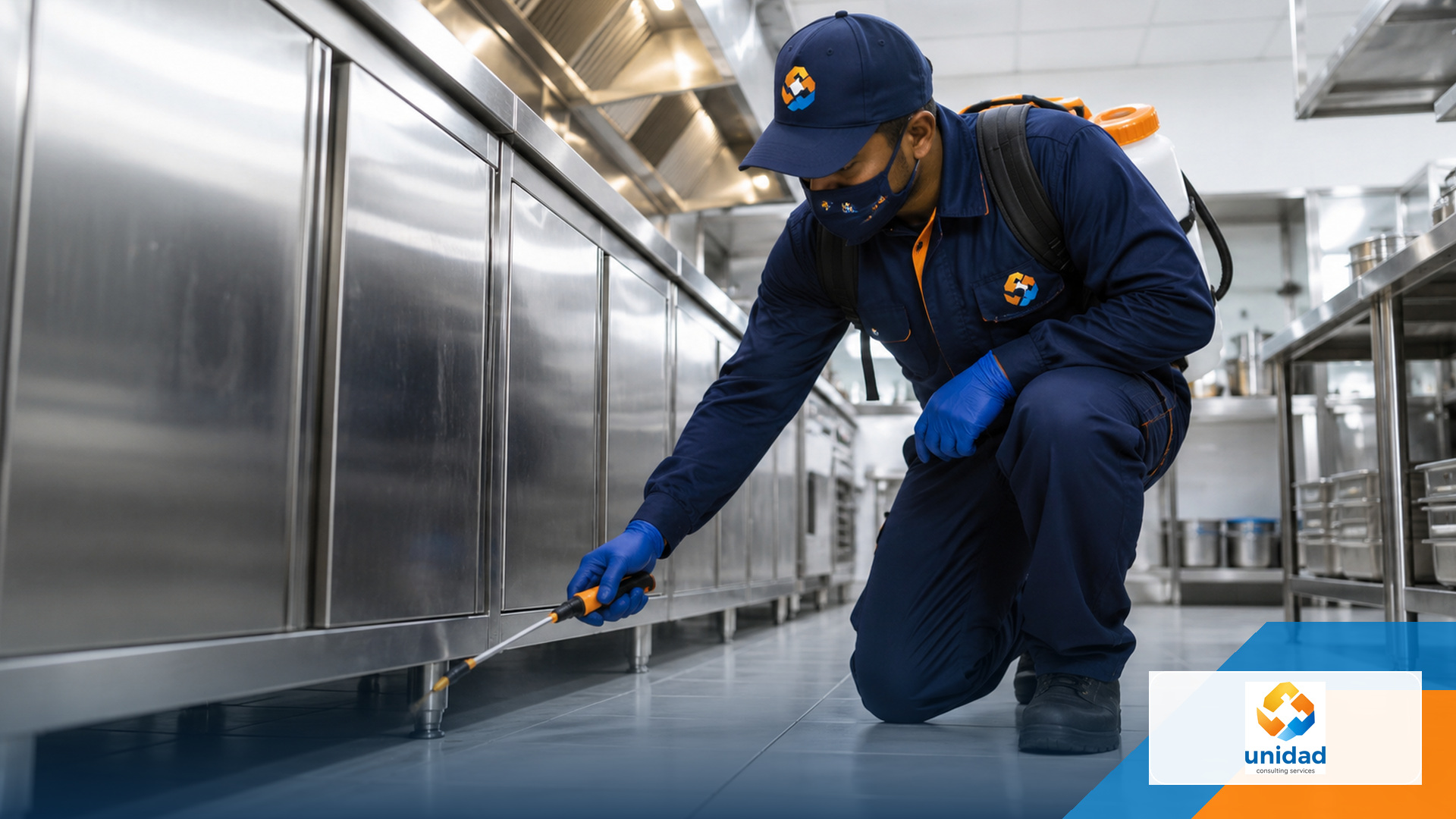 Technician applying a targeted treatment in a commercial kitchen