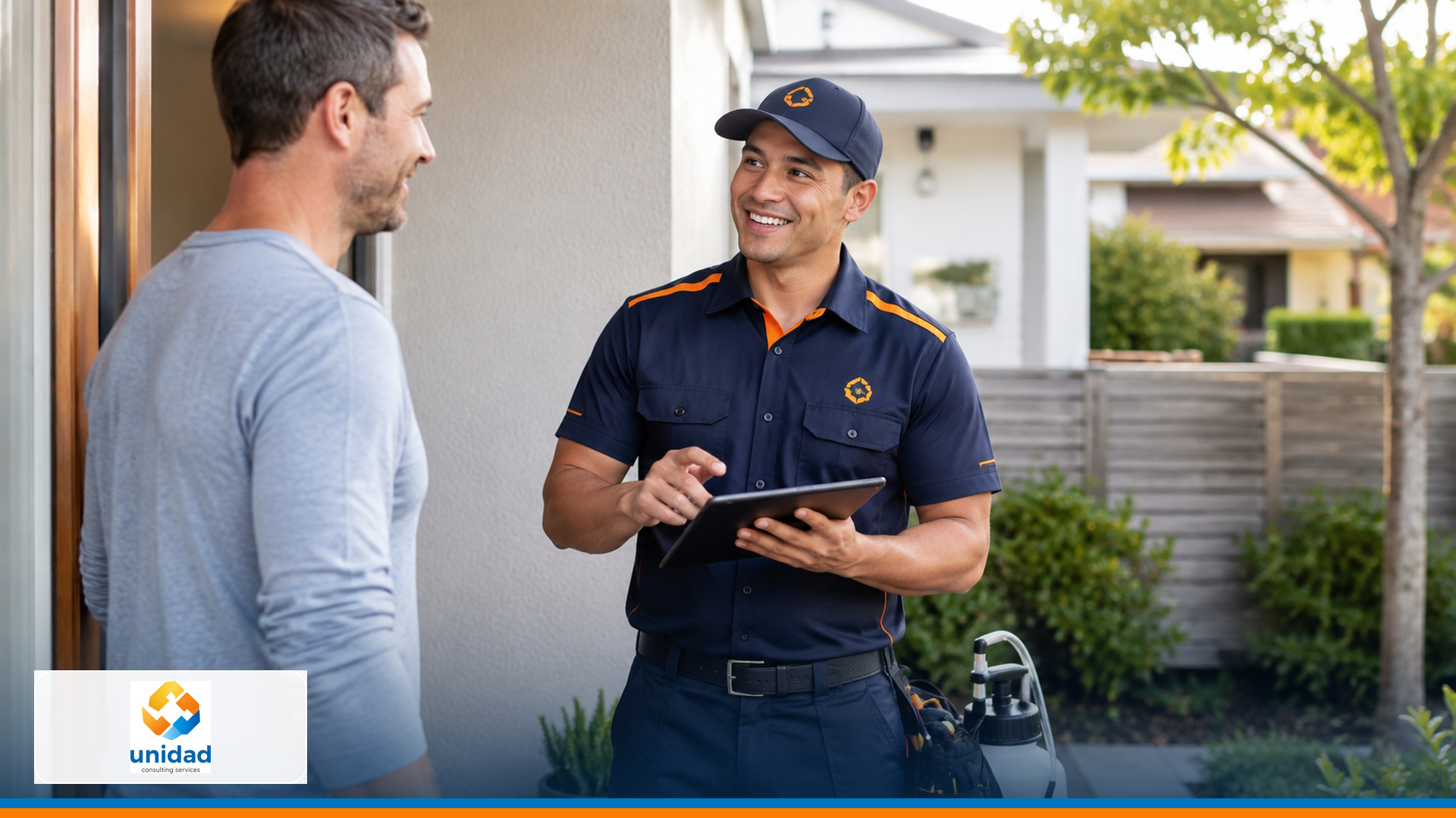 Pest-control technician discussing an assessment with a homeowner
