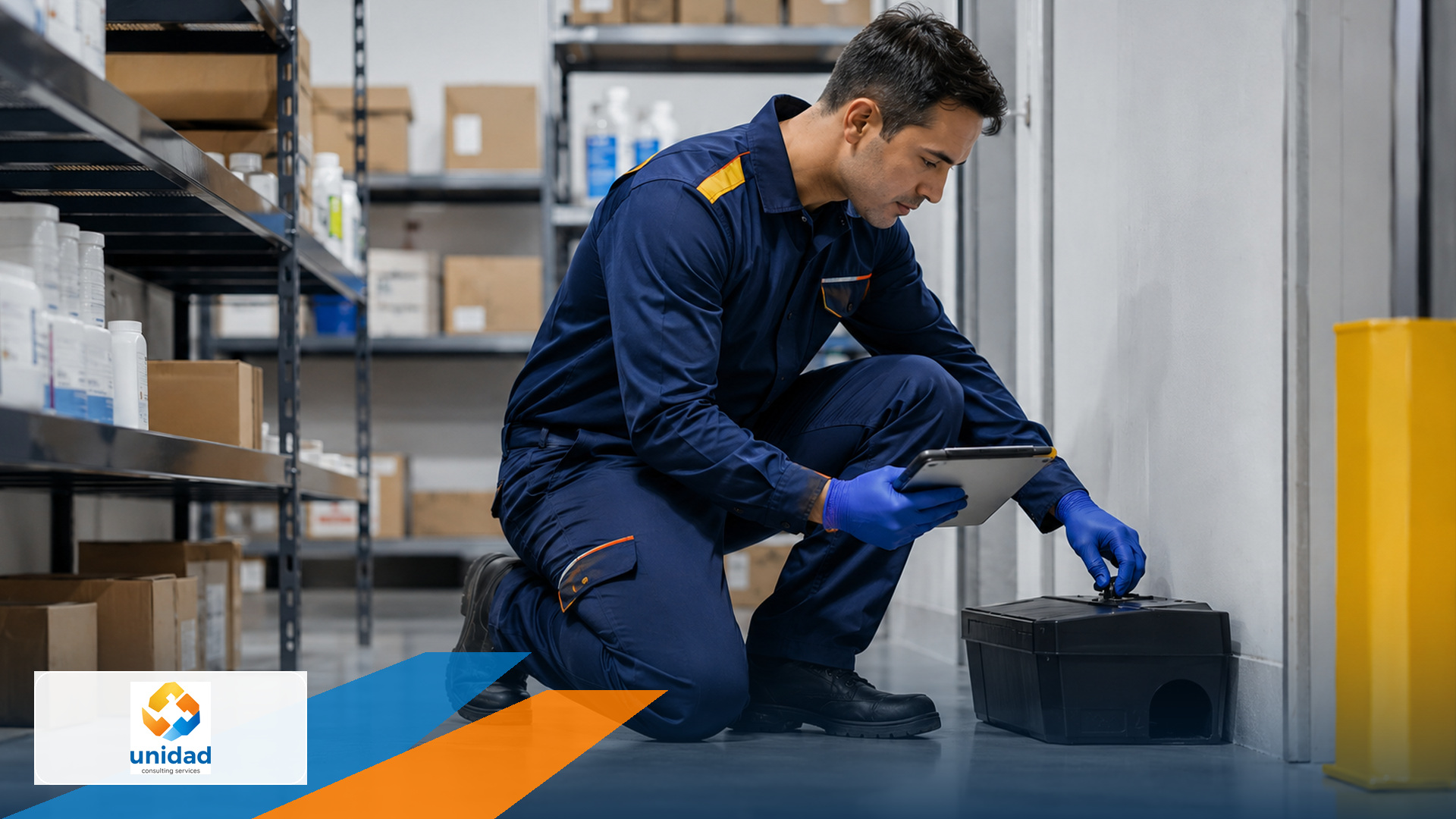 Technician preparing monitored pest-control equipment