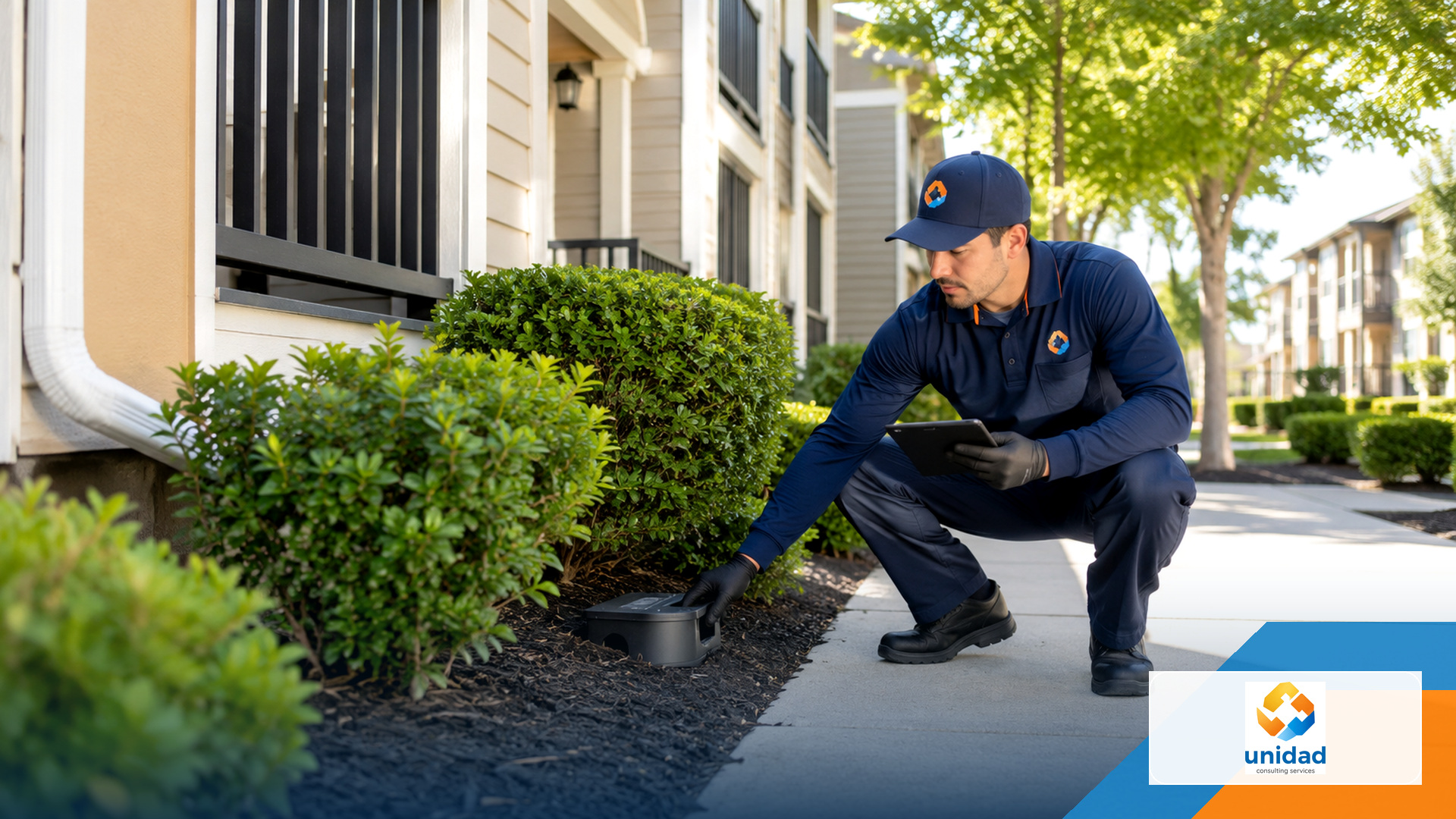 Technician checking for pest activity around a residential exterior