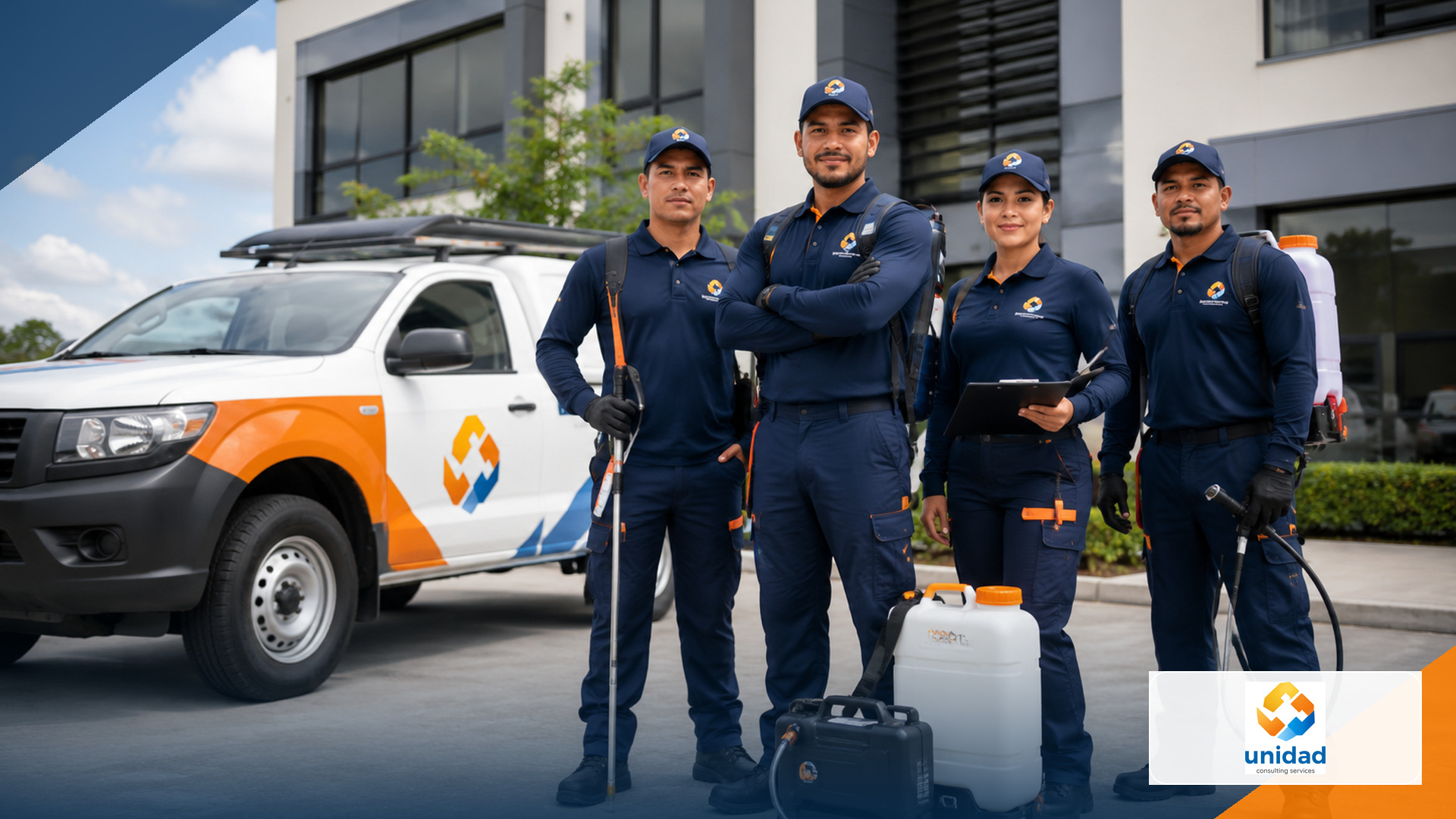 Unidad pest-control team with professional service equipment