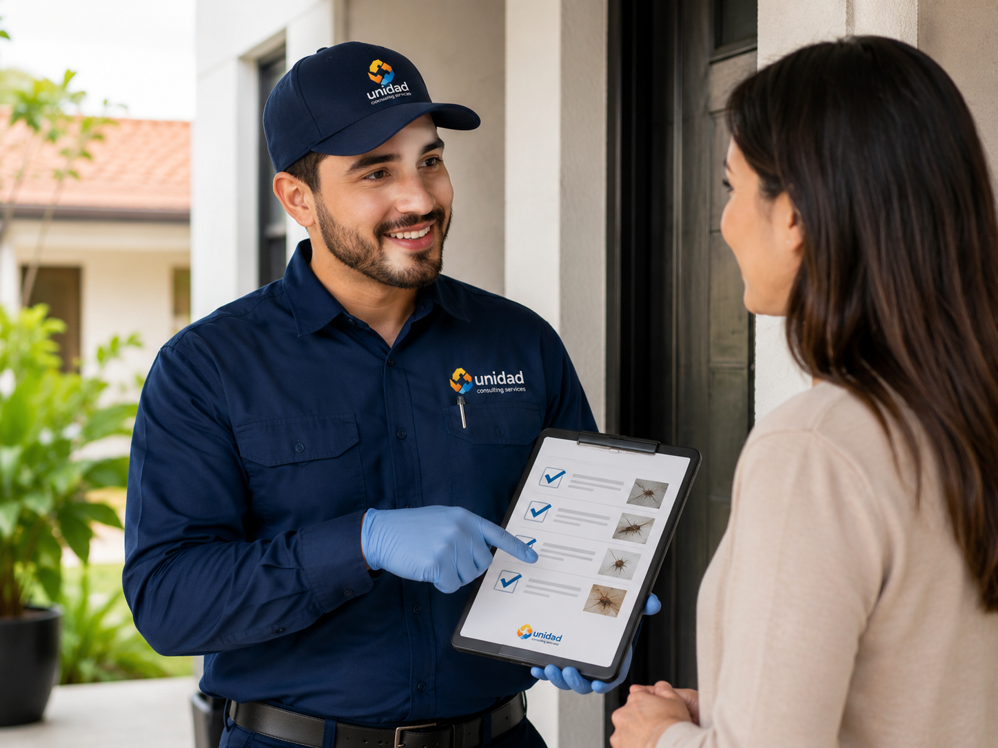 Unidad pest-control technician explaining inspection recommendations to a homeowner