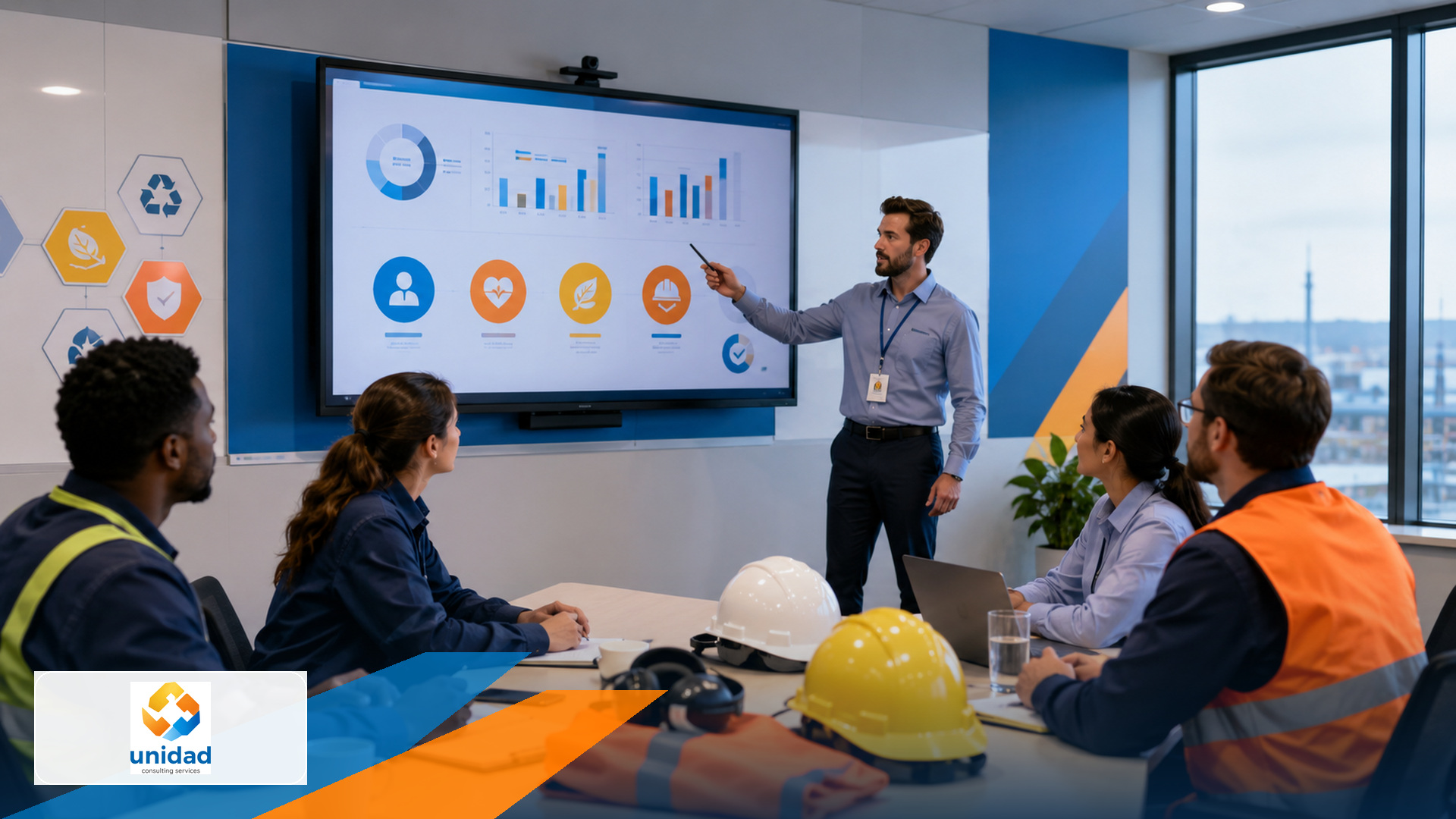 QHSE consultant presenting performance information to a workplace team