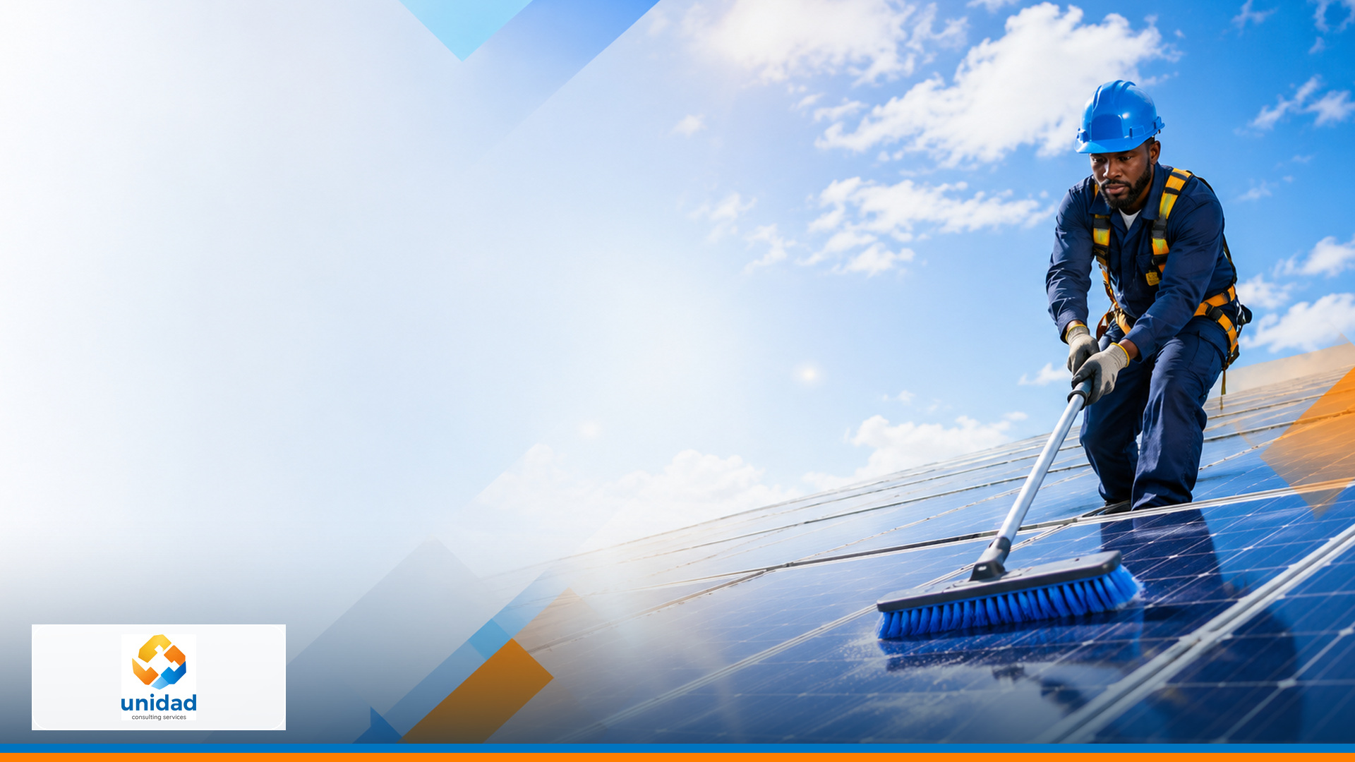 Technician safely cleaning a residential solar-panel installation