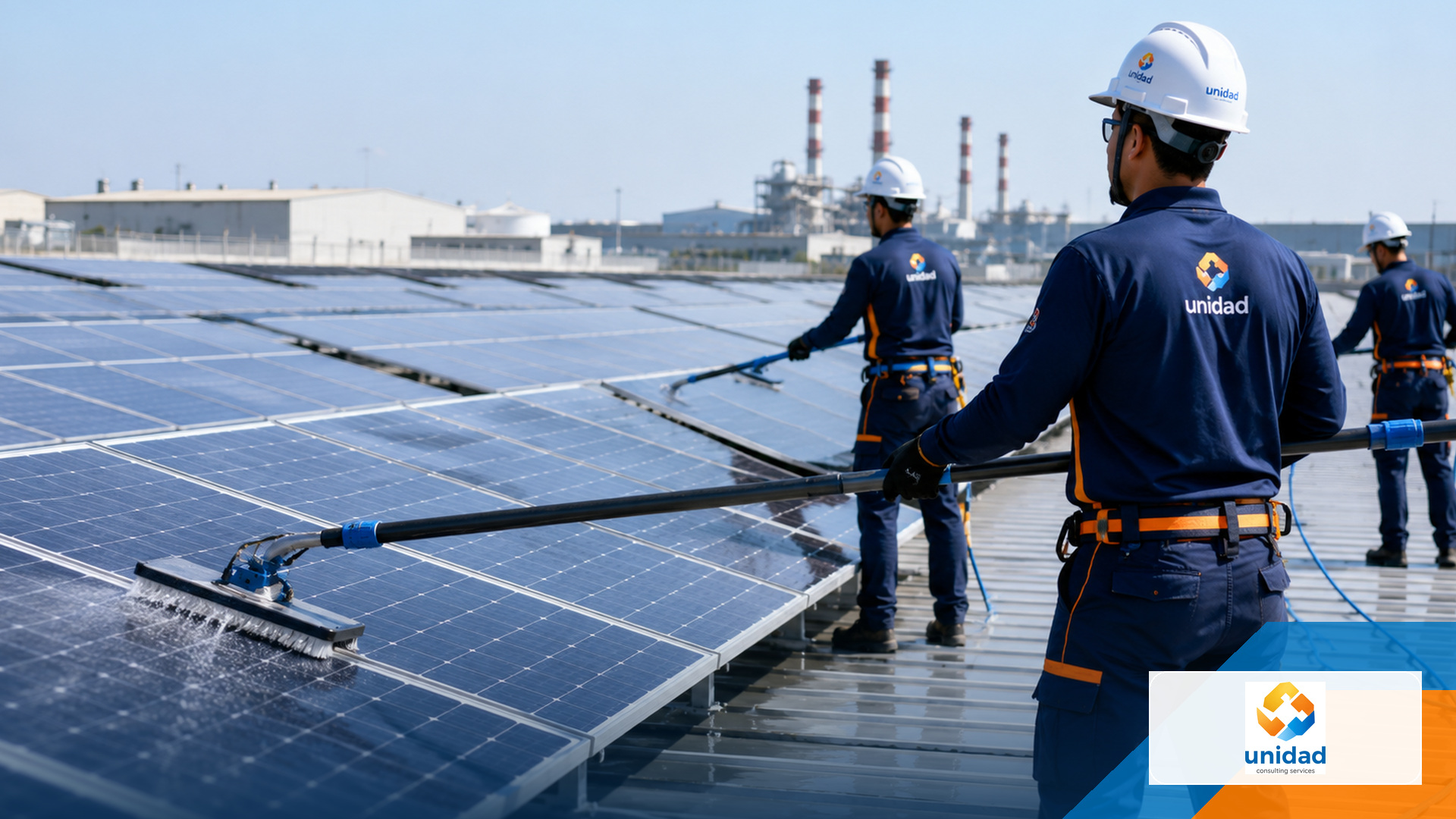 Solar-cleaning team reviewing access across a commercial array