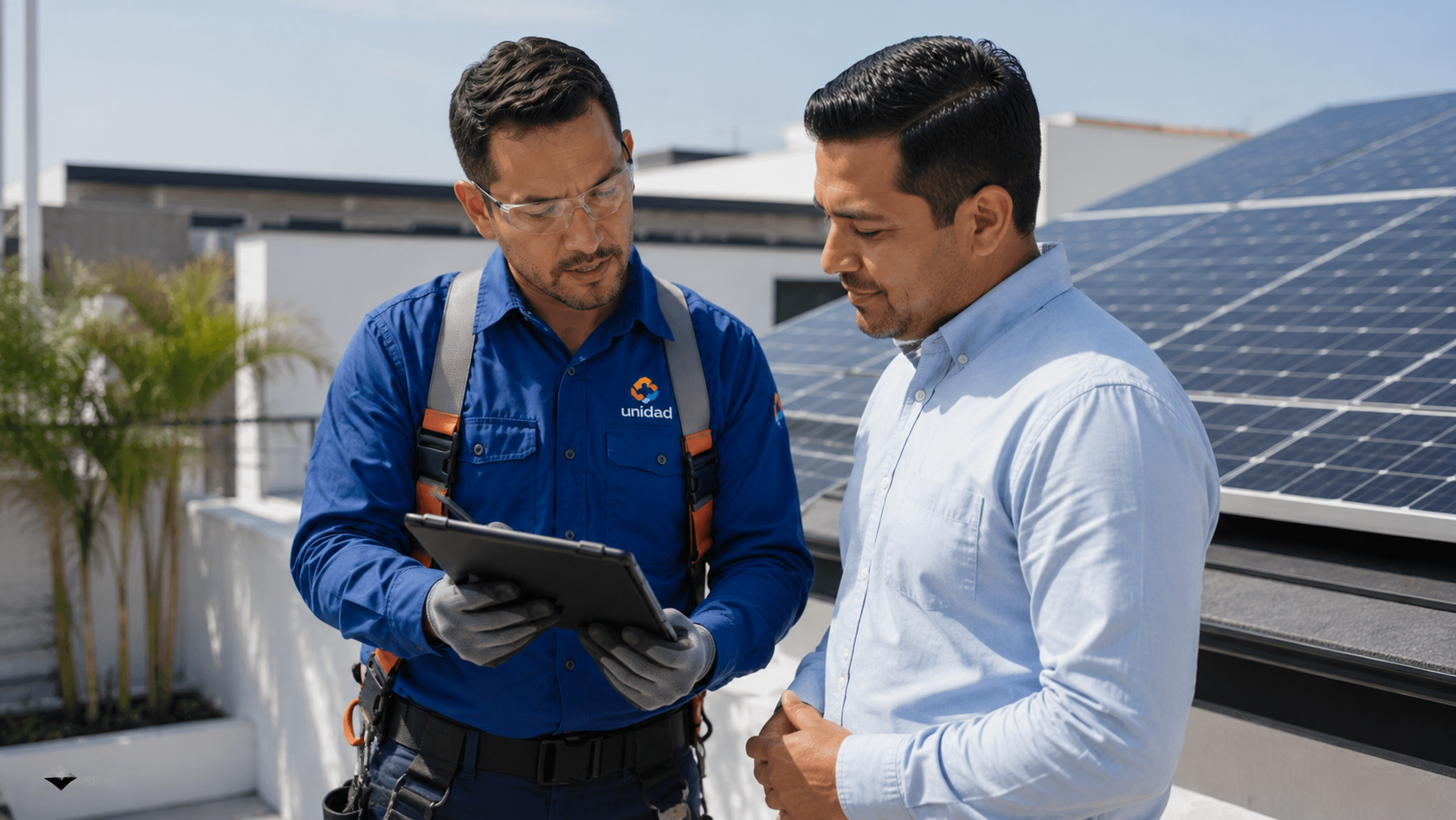 Unidad solar technician reviewing quotation details with a customer beside rooftop panels