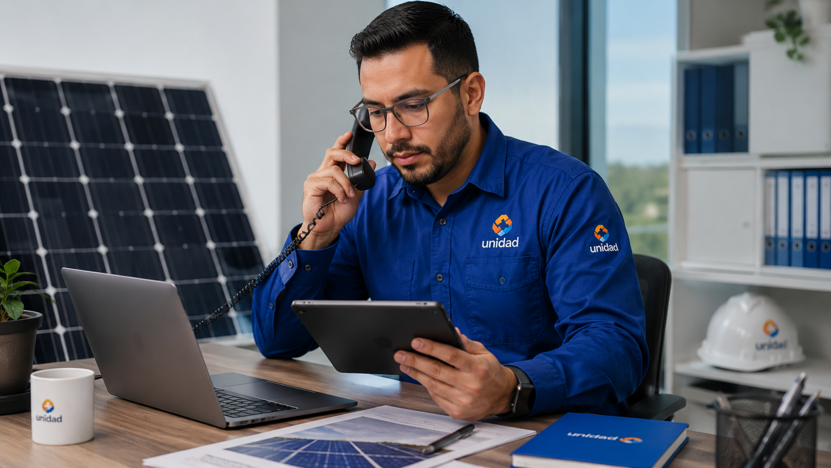 Unidad solar coordinator arranging a panel-cleaning appointment by telephone