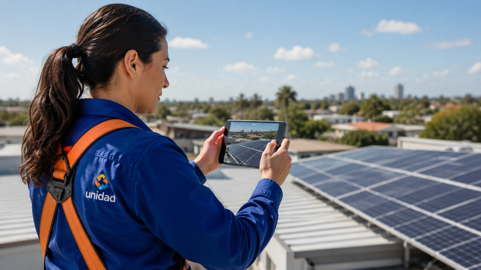 Unidad solar technician photographing a rooftop panel installation to record system details