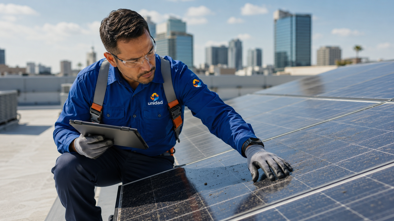 Unidad solar technician documenting visible dirt and findings on a rooftop panel