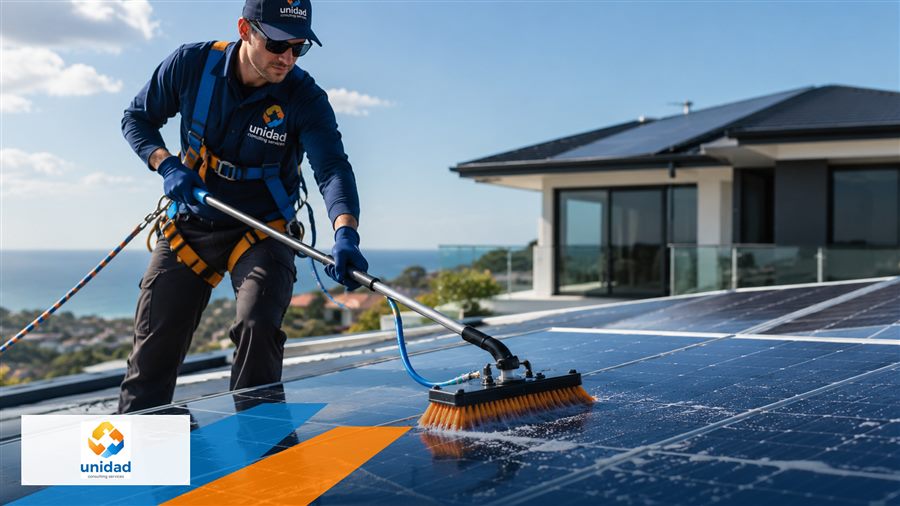 Technician cleaning a solar-panel array with a professional brush