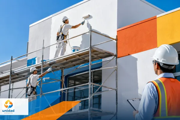 Painting team assessing a multi-storey exterior