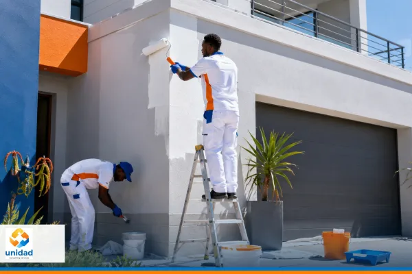 Painters preparing a residential exterior before coating