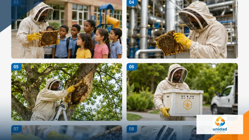 Bee-removal specialists inspecting and safely relocating a colony