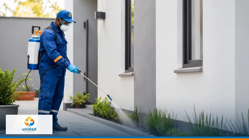 Protected pest-control technician treating a residential exterior